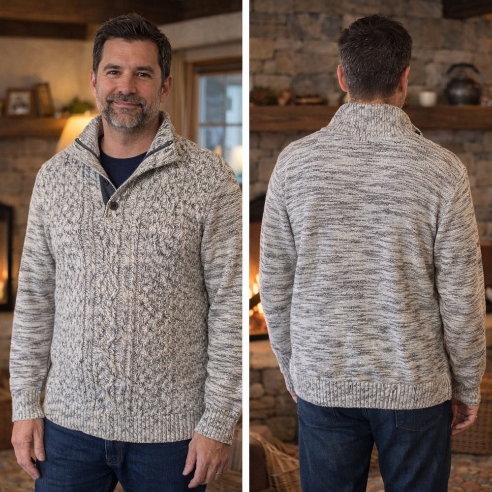 Established 1897 Mens‎ Cable Knit Button Mock Neck Sweater Marled Grey Size M
